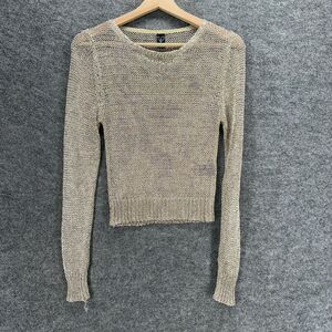 Windsor Knit Top Women L Large Gray Sheer Long Sleeve Round Neck Metallic Casual